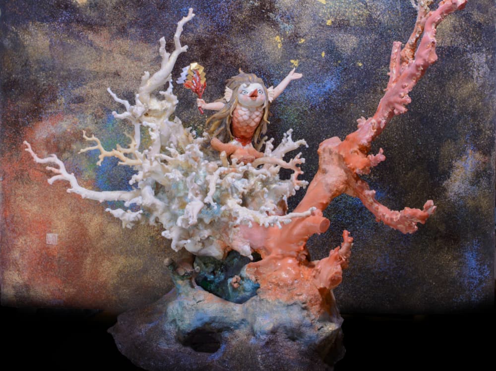 皇室御用達彫刻師 前川泰山 作 本珊瑚 錦鯉彫刻 額装 土佐珊瑚 - 美術品